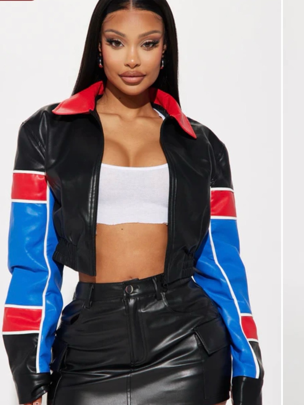 Fashion Nova Black Red Blue Colorblock Cropped Faux Leather Jacket